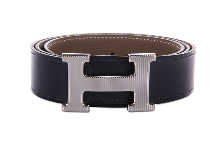 HERMES(愛馬仕) 銀色豎紋H扣黑/灰兩面腰帶90#【正品 價格 圖片】寺庫