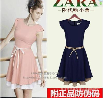 批發采購連衣裙-2014夏季女裝新款圓領假兩件雪紡腰帶短袖連衣裙批發 廠家直供批.